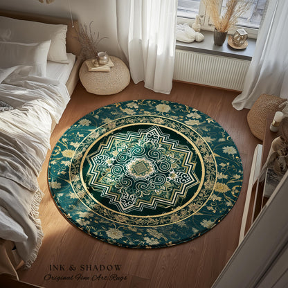 Gothic Maximalist Round Accent Rug | Forest Green Floor Rug Ornate Rug With Blue Green Detail Cottagecore Victorian Gothic Aesthetic Teal |