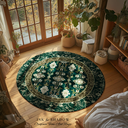 Forest Green Round Area Rug Boho Decor Rustic Aesthetic Living Room Sage Green Home Decor | Housewarming Gift Cottagecore Green Bedroom Mat
