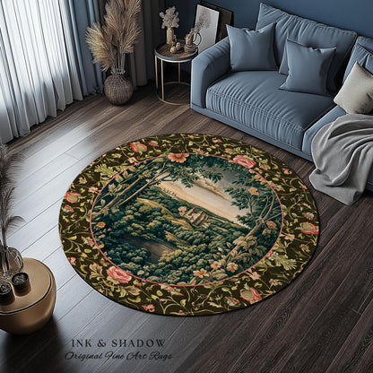 Princess Medieval Accent Rug | Rustic Floral Landscape Whimsigoth Castle Ethereal Bedroom Aesthetic Area Rug Woodland Goth Romantic Coquette