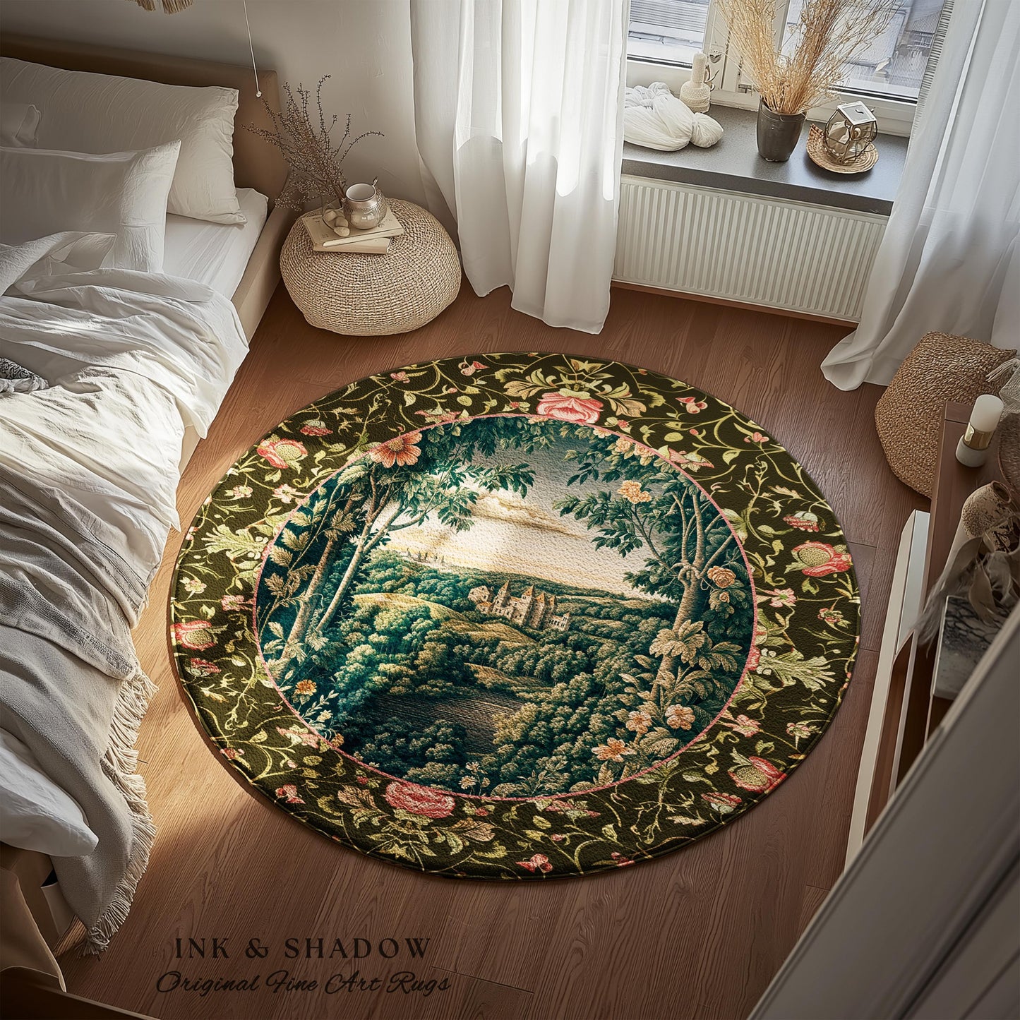 Princess Medieval Accent Rug | Rustic Floral Landscape Whimsigoth Castle Ethereal Bedroom Aesthetic Area Rug Woodland Goth Romantic Coquette