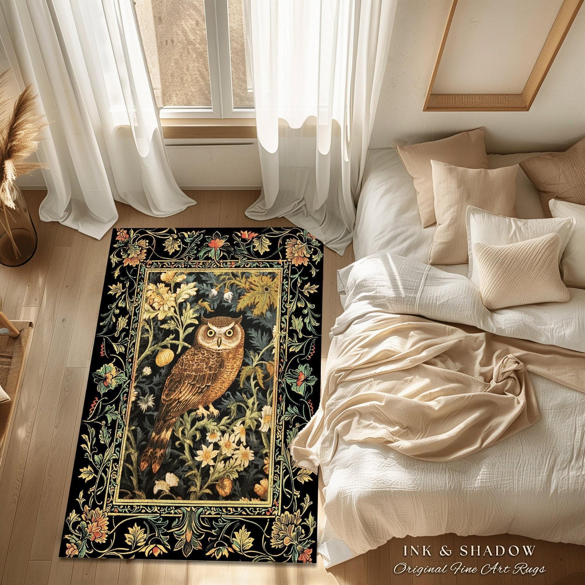 Whimsical Room Decor Eclectic Owl Round Area Rug Botanical Morris Inspired Forest Aesthetic Fairycore Book Nook Rug Floral Owl Decoration