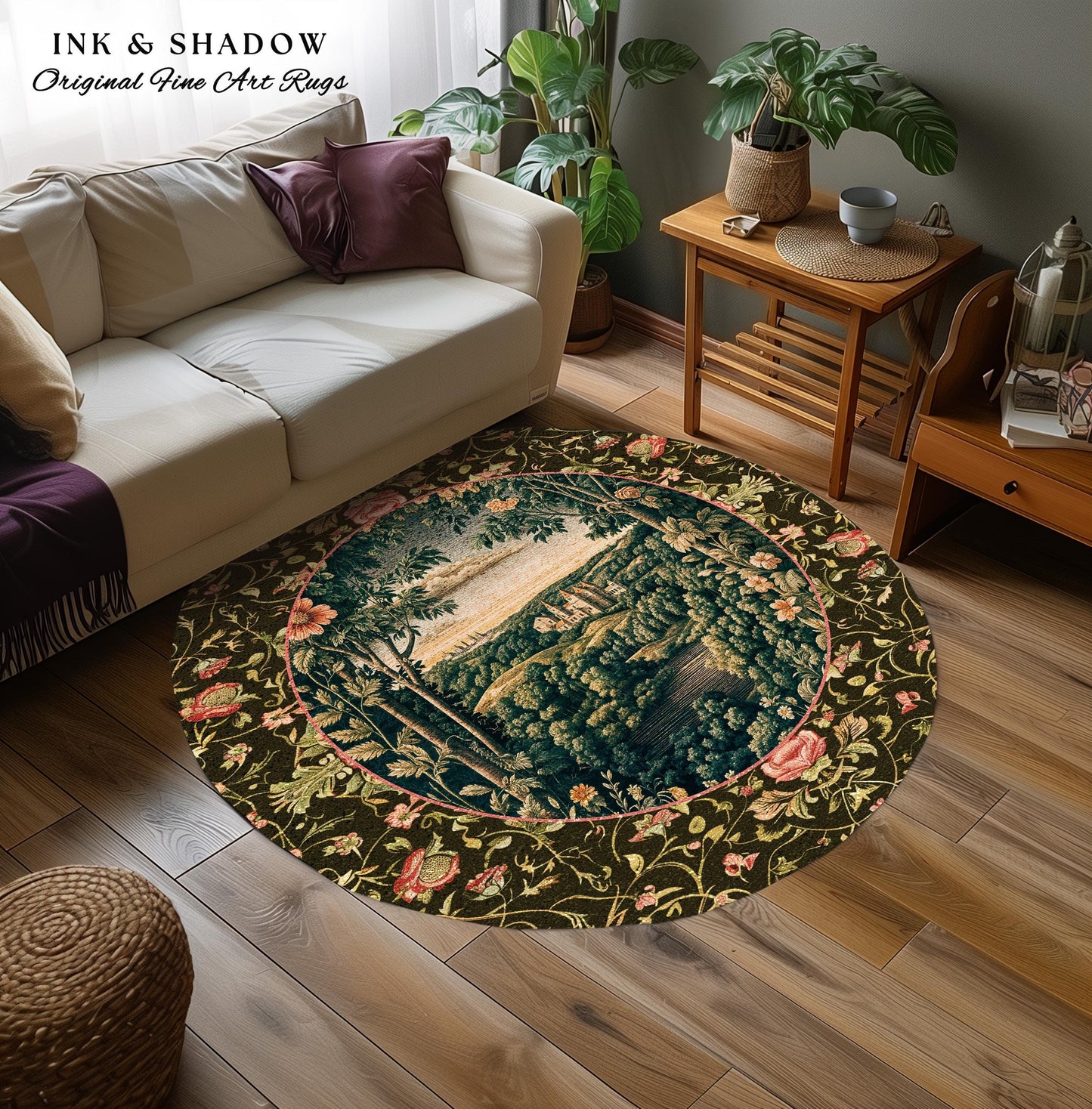 Princess Medieval Accent Rug | Rustic Floral Landscape Whimsigoth Castle Ethereal Bedroom Aesthetic Area Rug Woodland Goth Romantic Coquette