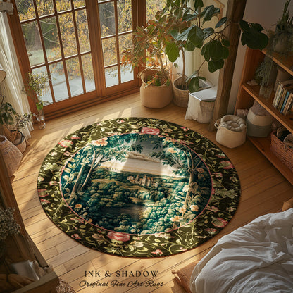 Princess Medieval Accent Rug | Rustic Floral Landscape Whimsigoth Castle Ethereal Bedroom Aesthetic Area Rug Woodland Goth Romantic Coquette