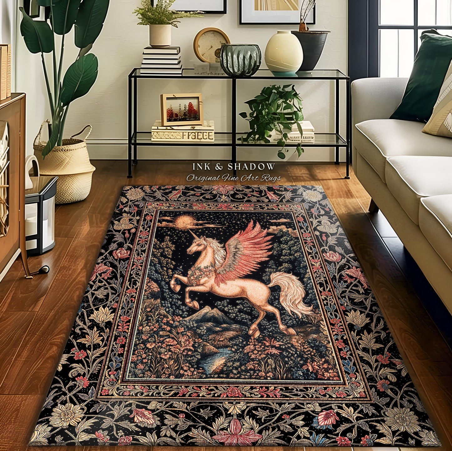 Mystical Pegasus Castlecore Rug | Coral Wing Unicorn Decor Fantasy Regal Fairytale Room Cottagecore Baroque Romantic Gothic Home Accent |