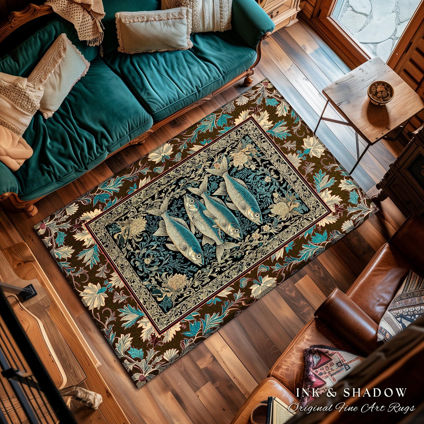 Maximalist Maritime Accent Rug | Nautical Folk Art-Inspired Area Rug Jacquard Marine Scene Coastal Botanical Oceancore Bedroom Mermaidcore