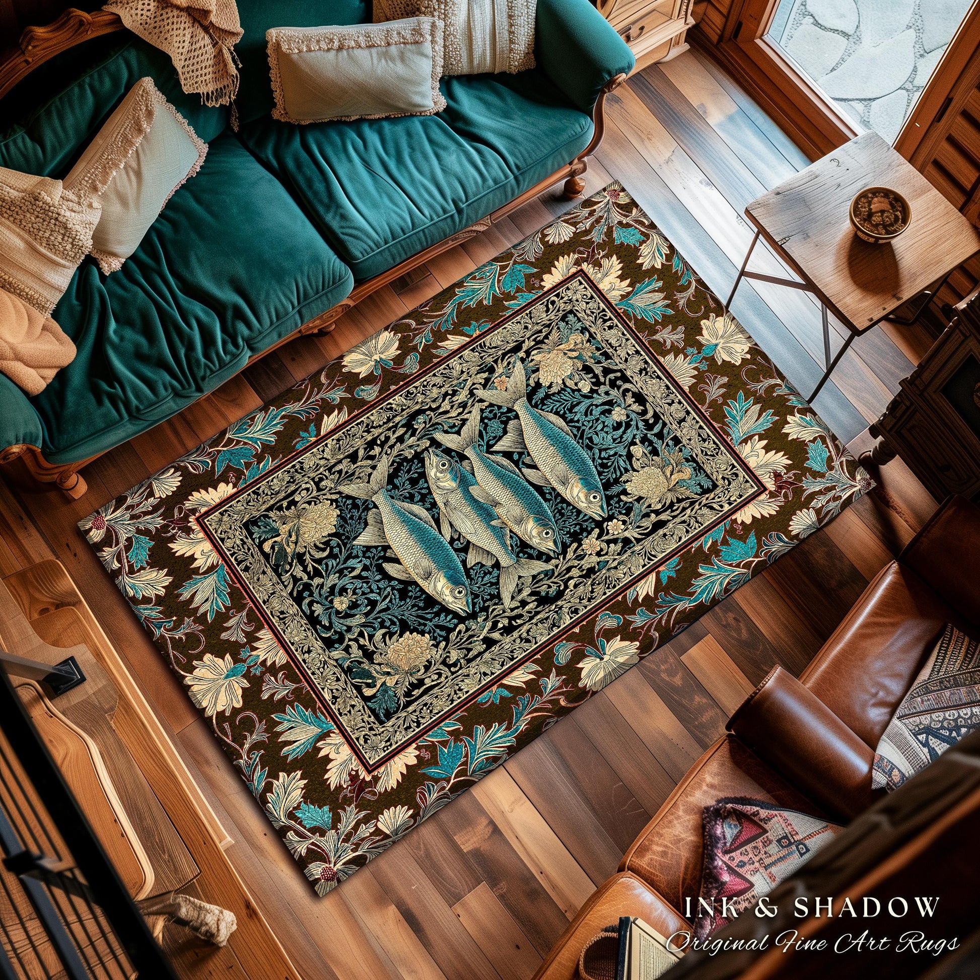 Maximalist Maritime Accent Rug | Nautical Folk Art-Inspired Area Rug Jacquard Marine Scene Coastal Botanical Oceancore Bedroom Mermaidcore