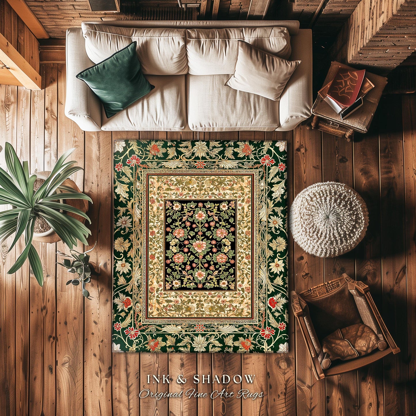 Victorian Garden Floral Area Rug | Romantic Rococo Botanical Accent Baroque Bloom Pattern Heritage Decor Cottagecore Jewel Toned Interior