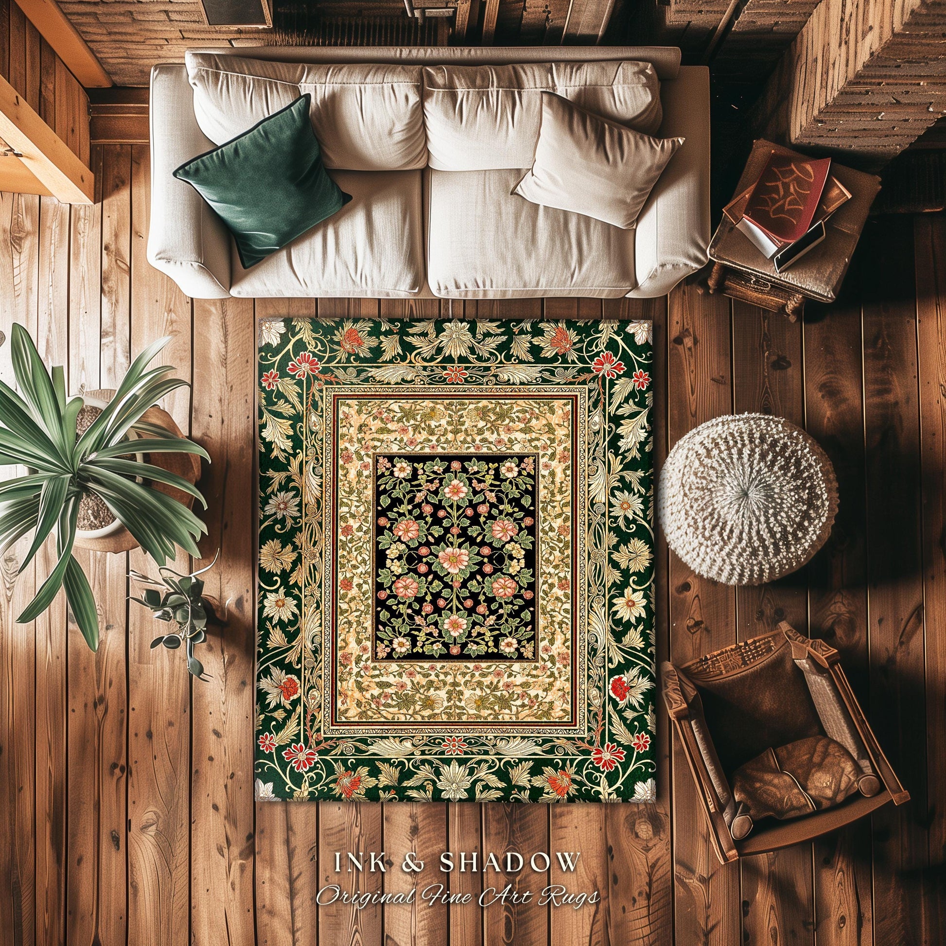 Victorian Garden Floral Area Rug | Romantic Rococo Botanical Accent Baroque Bloom Pattern Heritage Decor Cottagecore Jewel Toned Interior