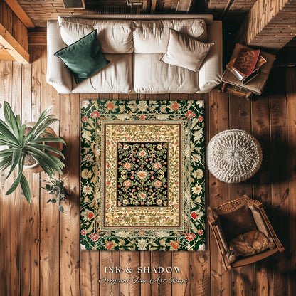 Victorian Garden Floral Area Rug | Romantic Rococo Botanical Accent Baroque Bloom Pattern Heritage Decor Cottagecore Jewel Toned Interior