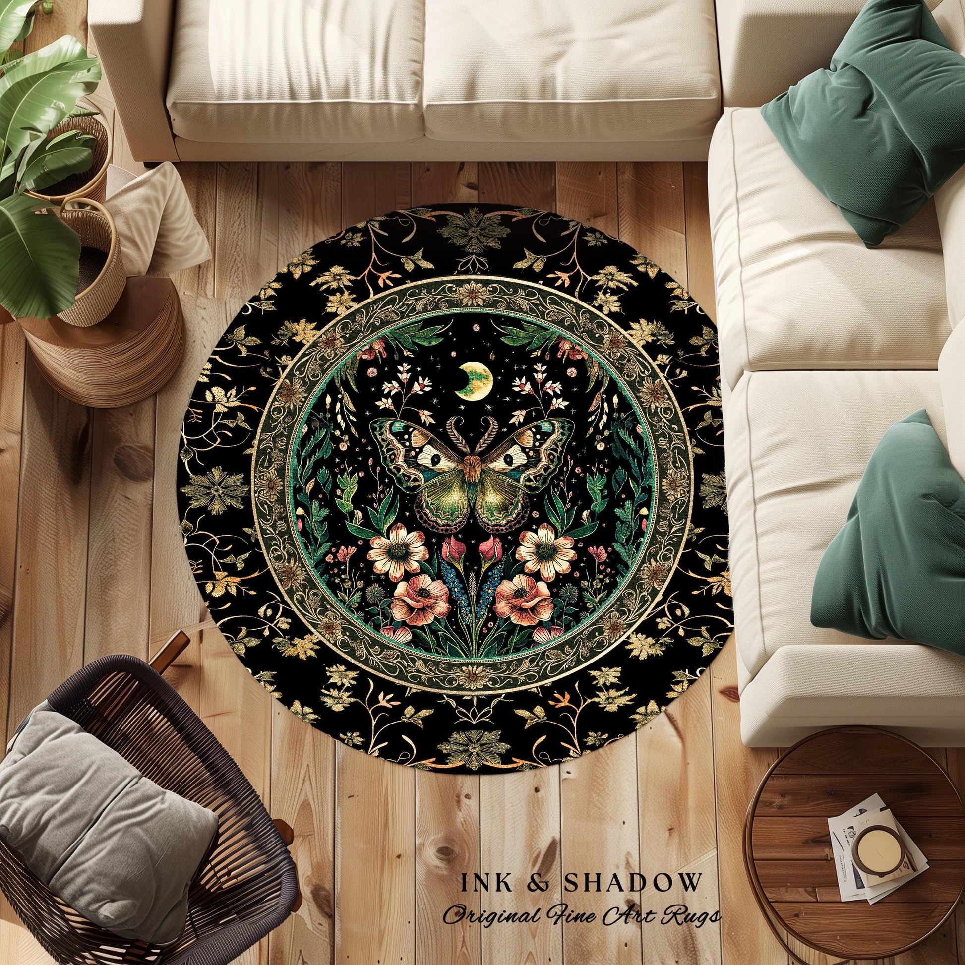 Ethereal Moth Rug Witchy Aesthetic Room Decor | Gothic Art Whimsical Occult Whimsigothic Wildflower Butterfly Moth Moon Fairycore Botanicals
