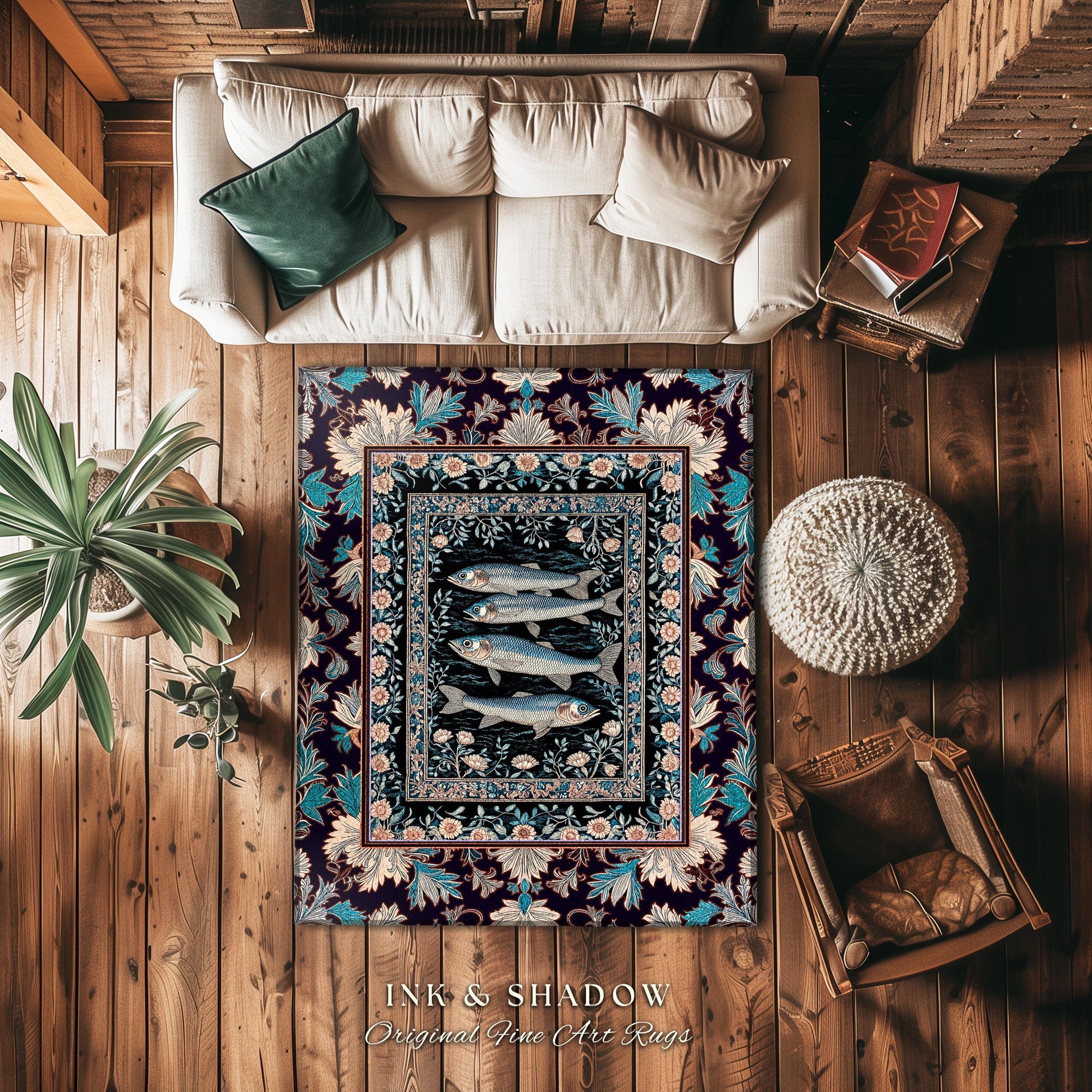 Marine Folklore Ornate Accent Rug | Sardine Nautical Bedroom Area Rug Underwater Story Coastal Aesthetic Fish Trendy Ocean Decor Beachy |