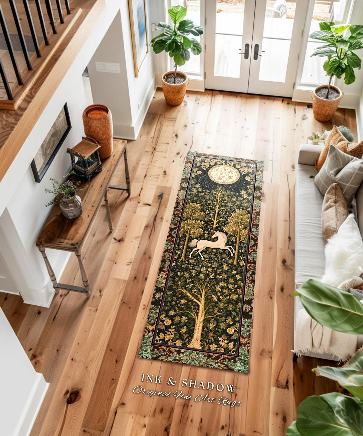 Magic Aesthetic Unicorn Round Area Rug Cottagecore Style, Dark Academia Folklore Decor Maximalist Fantasy Art Enchanted Fairytale Accent