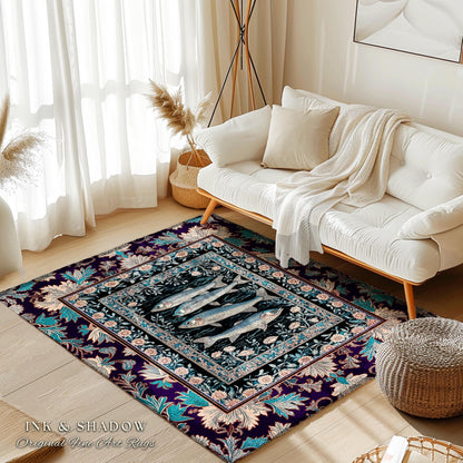 Marine Folklore Ornate Accent Rug | Sardine Nautical Bedroom Area Rug Underwater Story Coastal Aesthetic Fish Trendy Ocean Decor Beachy |