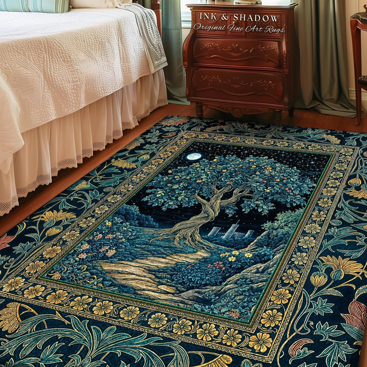 Enchanted Woodland Path Round Rug | Dreamy Moonlit Medieval Garden Decor Celestial Tree Art Whimsical Fairycore Gothic Castle Floor Accent
