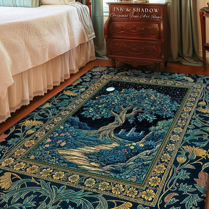 Enchanted Woodland Path Round Rug | Dreamy Moonlit Medieval Garden Decor Celestial Tree Art Whimsical Fairycore Gothic Castle Floor Accent