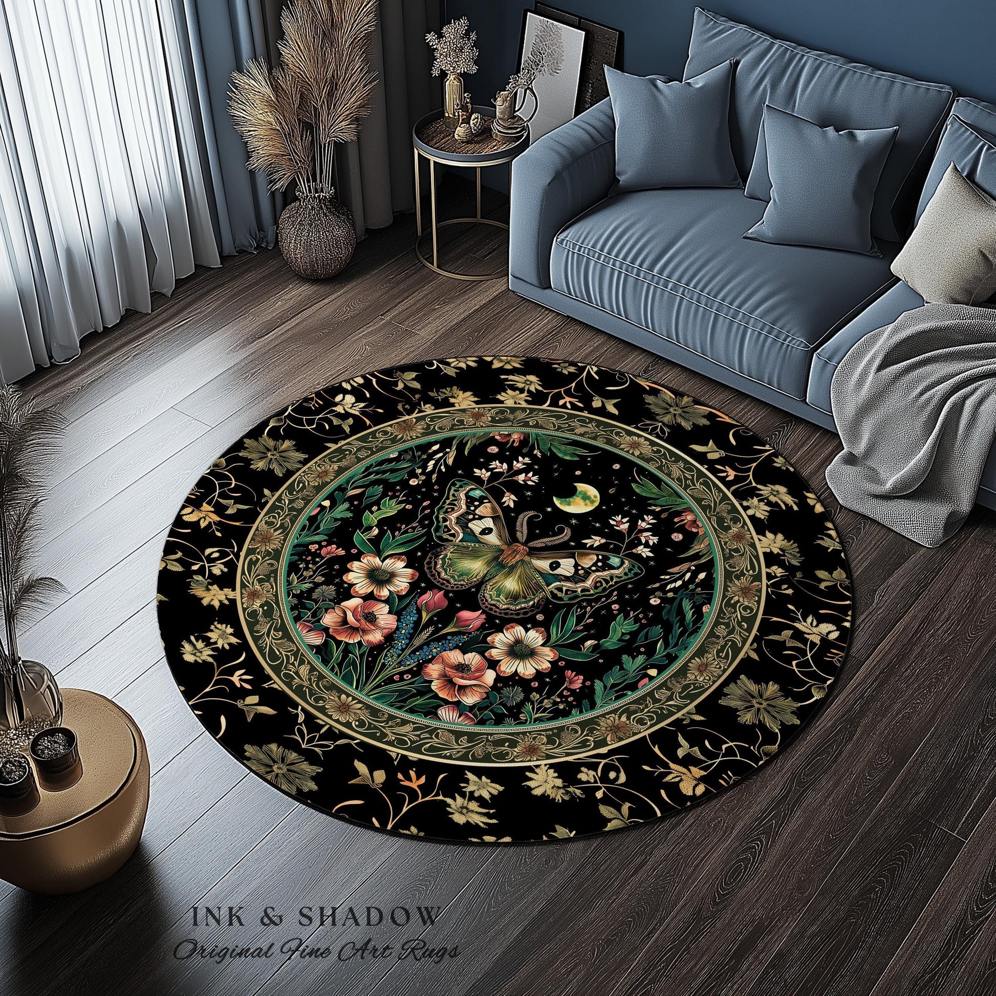 Ethereal Moth Rug Witchy Aesthetic Room Decor | Gothic Art Whimsical Occult Whimsigothic Wildflower Butterfly Moth Moon Fairycore Botanicals