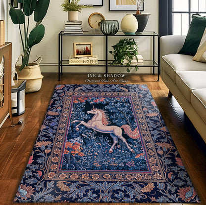 Storybook Unicorn Mystic Area Rug | Pastel Blue Forest Pegasus Accent Fairytale Baroque Decor Romantic Bedroom Mystical Cottagecore Regal