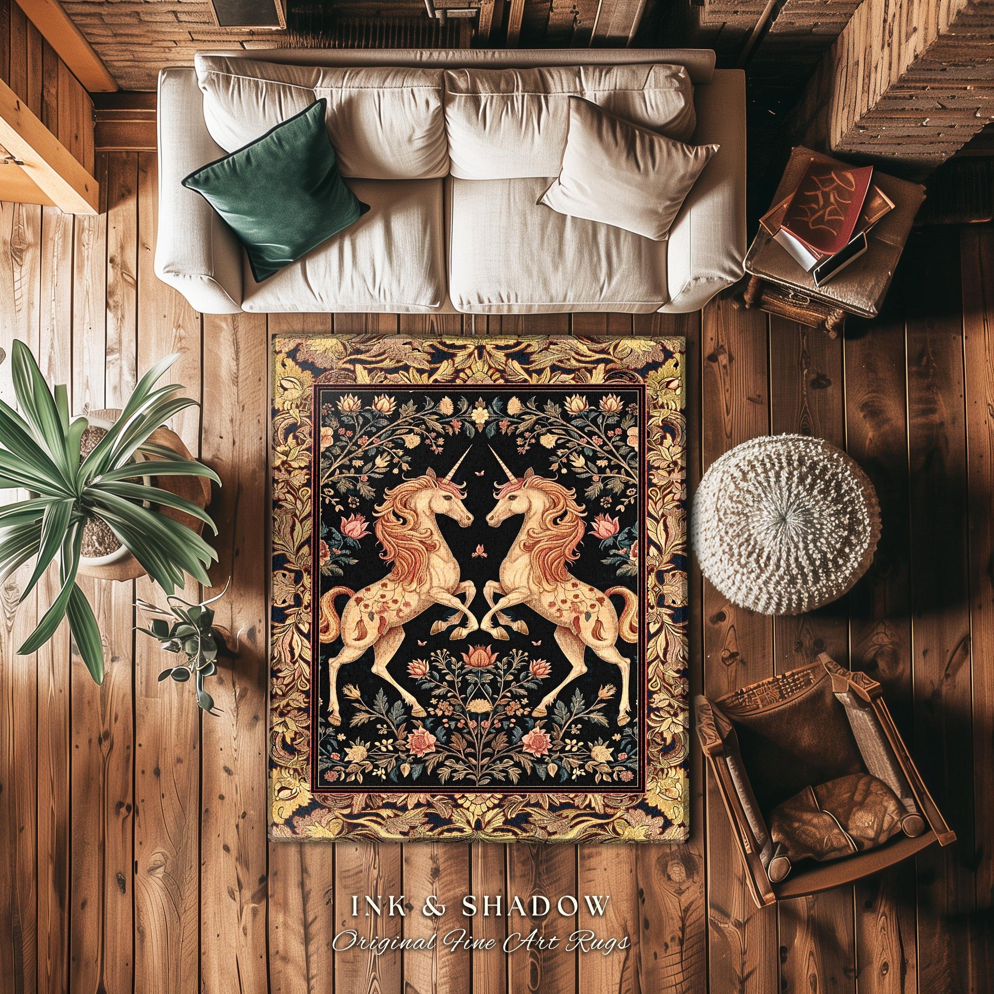 Fairytale Unicorn Floral Aesthetic Round Area Rug | Pastel Cottagecore Area Rug Fairycore Whimsical Boho Home Decor Medieval Style Bedroom |