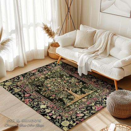 Art Nouveau Maximalist Tree Rug | Ornate Botanical Accent Rug Tree of Life Motif Medieval Floral Pattern Romantic Style Morris Inspired |