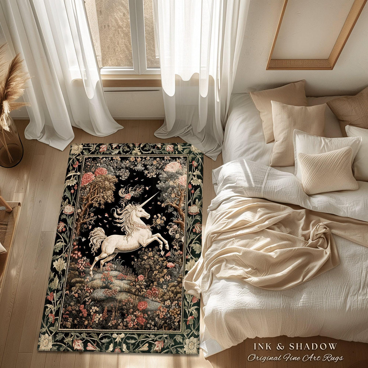 Unicorn Mystical Medieval Art Round Rug Folklore Whimsigothic Decor, Dark Cottagecore Mystic Grunge Fairycore Whimsical Witchy Home Accent |