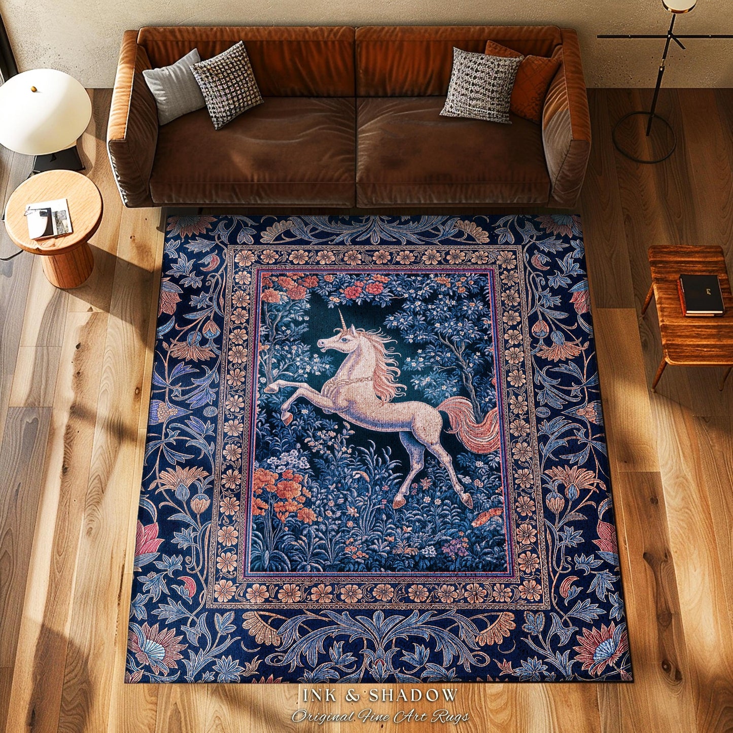 Storybook Unicorn Mystic Area Rug | Pastel Blue Forest Pegasus Accent Fairytale Baroque Decor Romantic Bedroom Mystical Cottagecore Regal