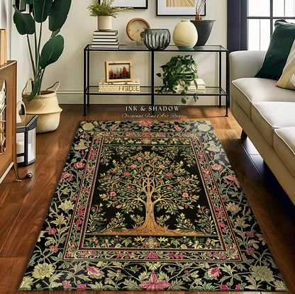 Art Nouveau Maximalist Tree Rug | Ornate Botanical Accent Rug Tree of Life Motif Medieval Floral Pattern Romantic Style Morris Inspired |