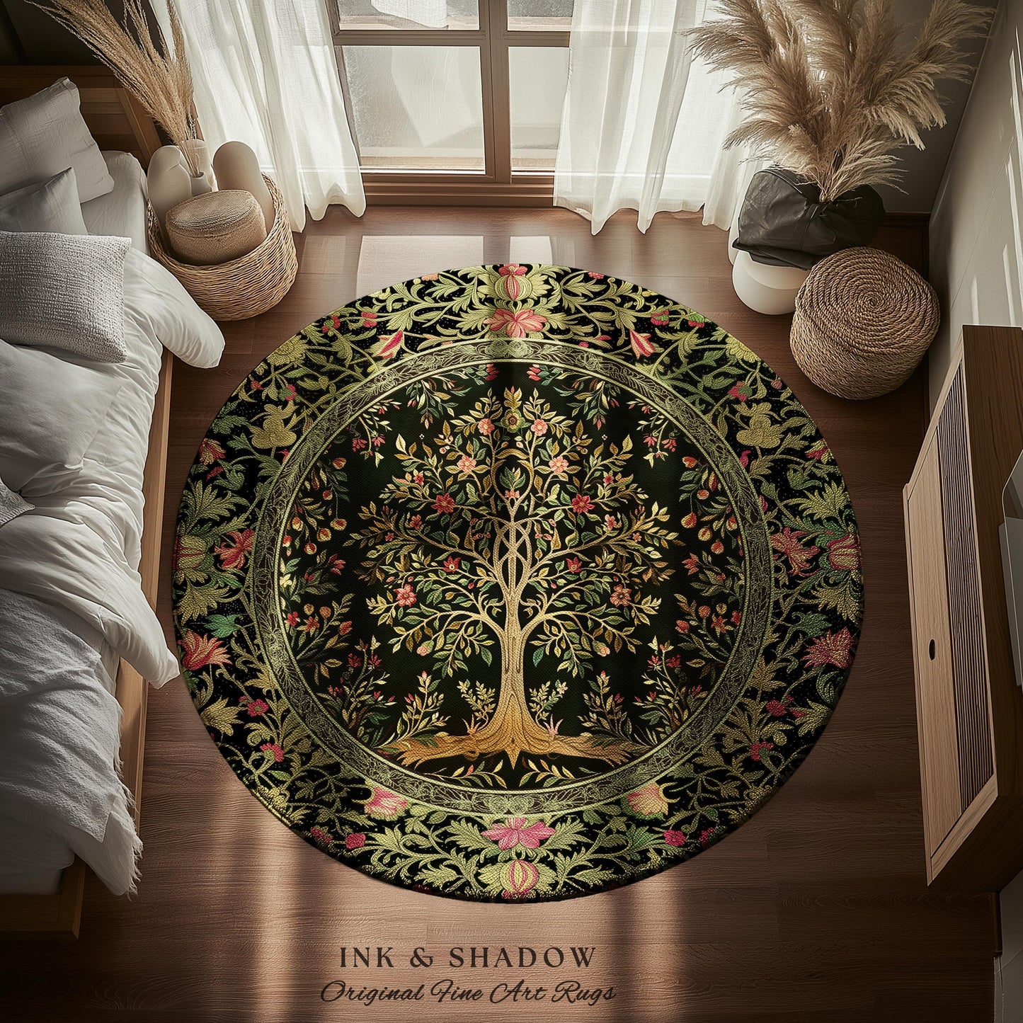 Art Nouveau Maximalist Tree Rug | Ornate Botanical Accent Rug Tree of Life Motif Medieval Floral Pattern Romantic Style Morris Inspired |