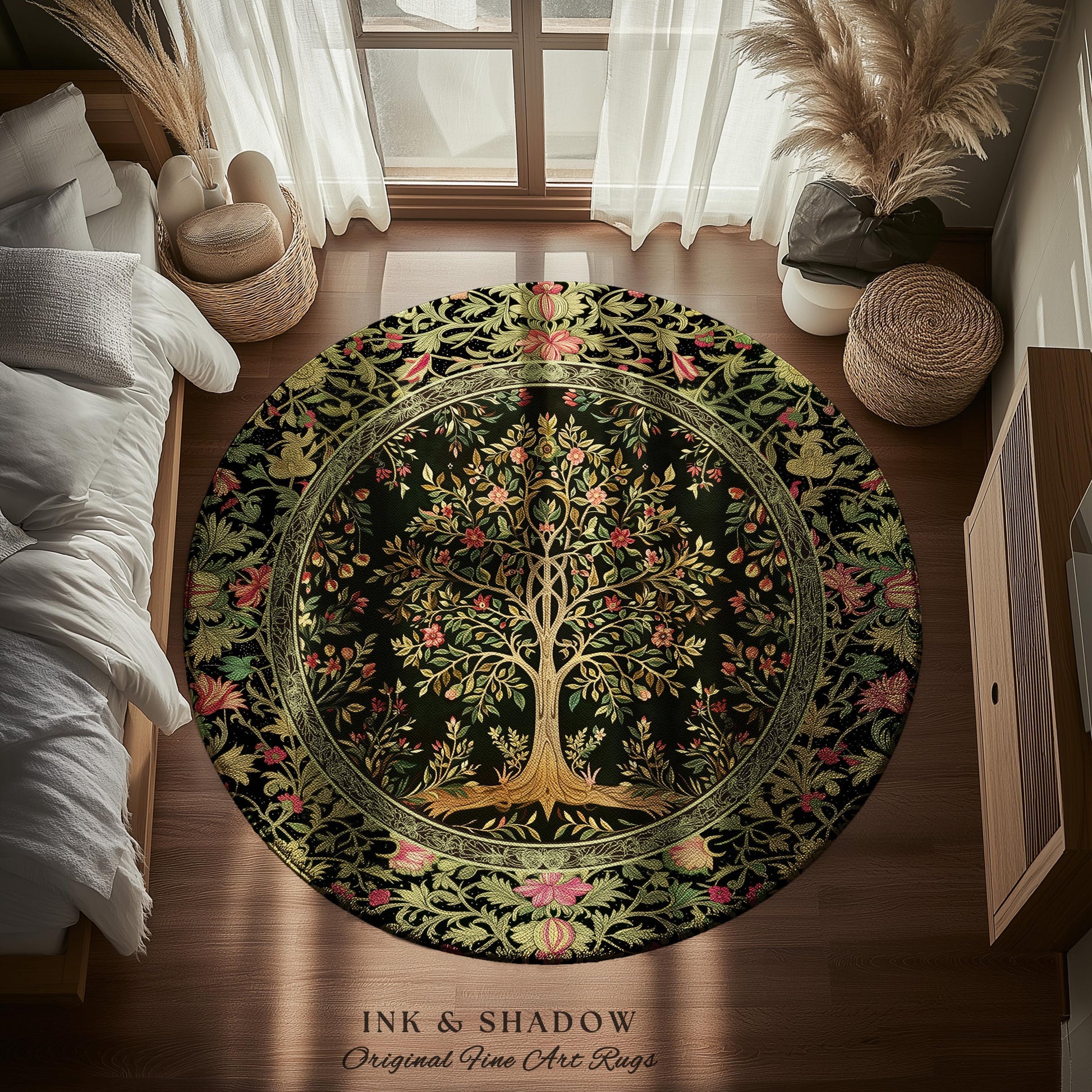 Art Nouveau Maximalist Tree Rug | Ornate Botanical Accent Rug Tree of Life Motif Medieval Floral Pattern Romantic Style Morris Inspired |