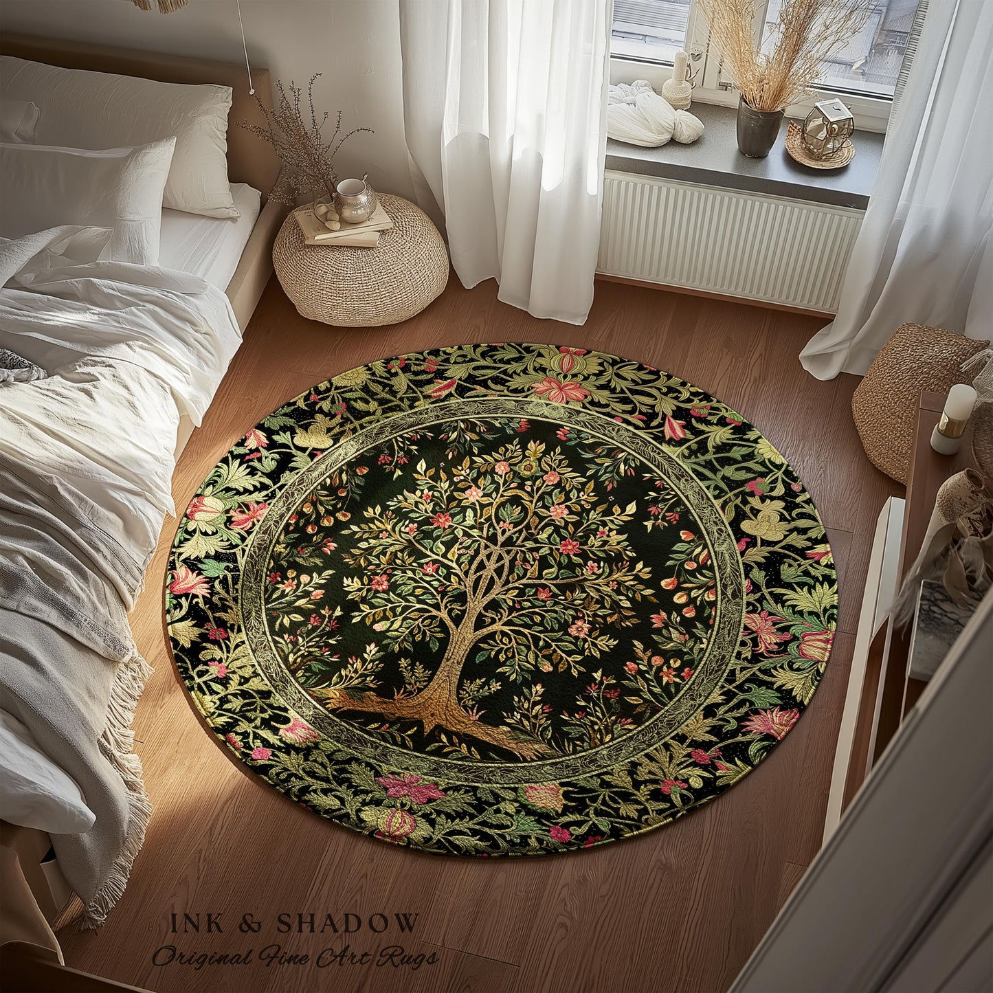Art Nouveau Maximalist Tree Rug | Ornate Botanical Accent Rug Tree of Life Motif Medieval Floral Pattern Romantic Style Morris Inspired |
