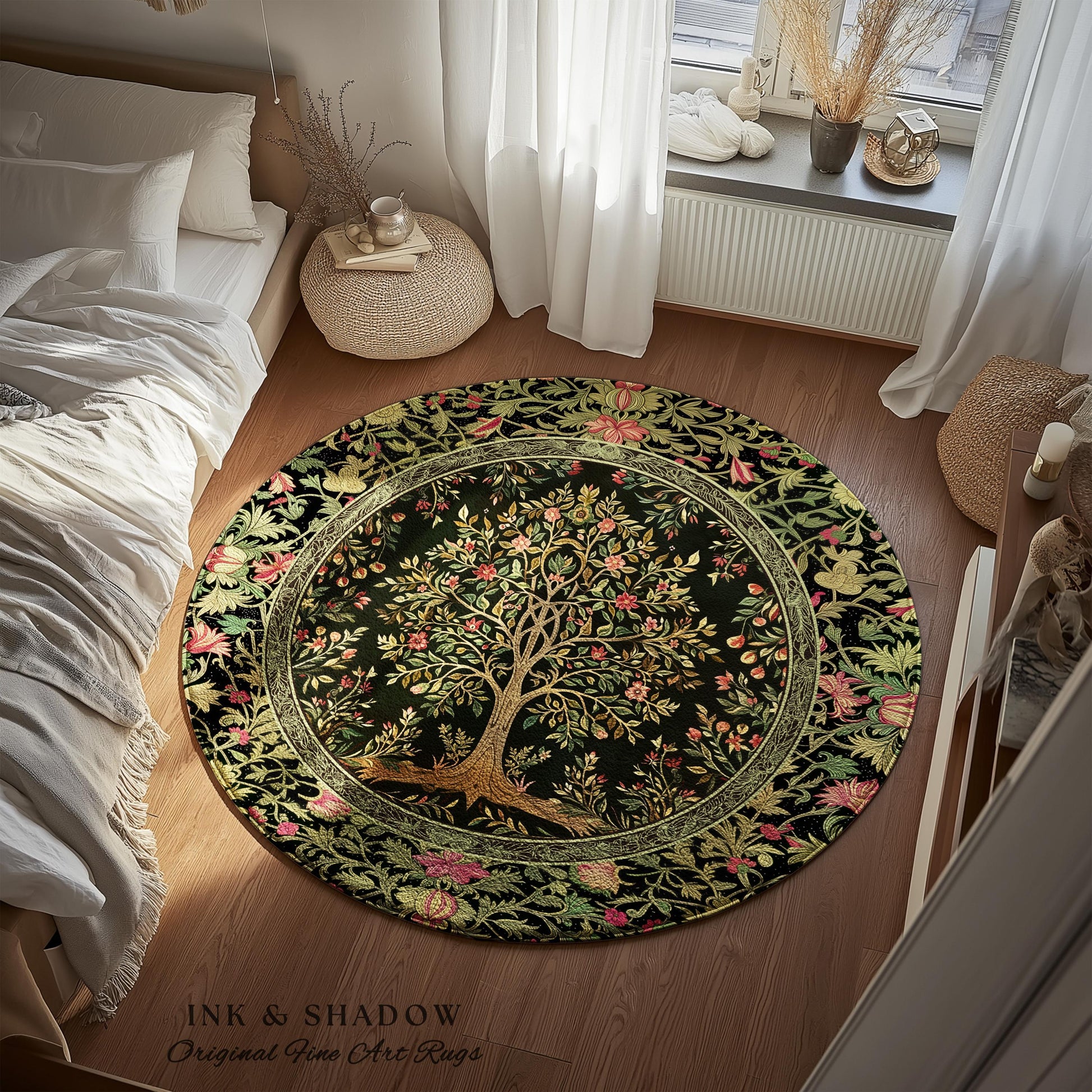 Art Nouveau Maximalist Tree Rug | Ornate Botanical Accent Rug Tree of Life Motif Medieval Floral Pattern Romantic Style Morris Inspired |