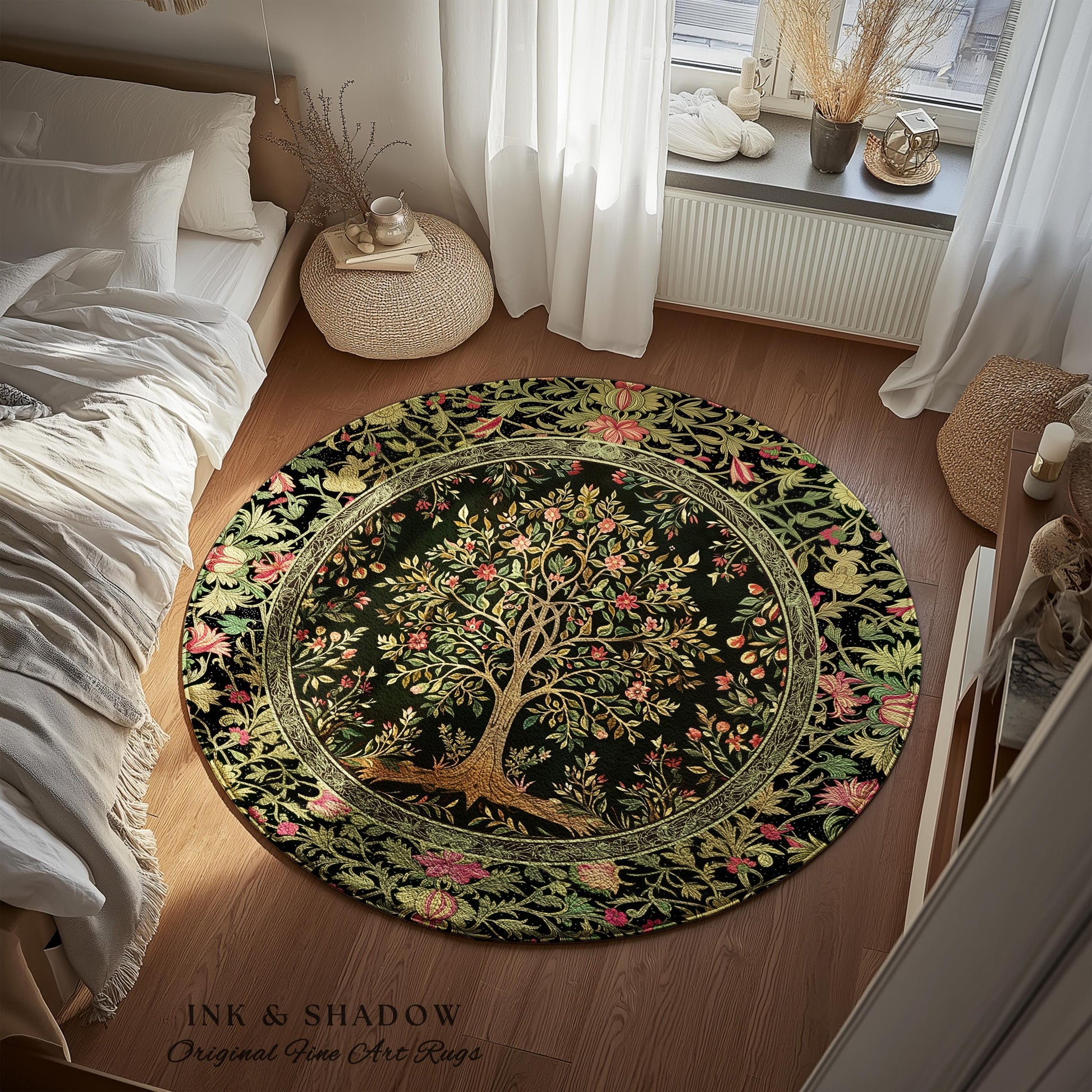 Art Nouveau Maximalist Tree Rug | Ornate Botanical Accent Rug Tree of Life Motif Medieval Floral Pattern Romantic Style Morris Inspired |
