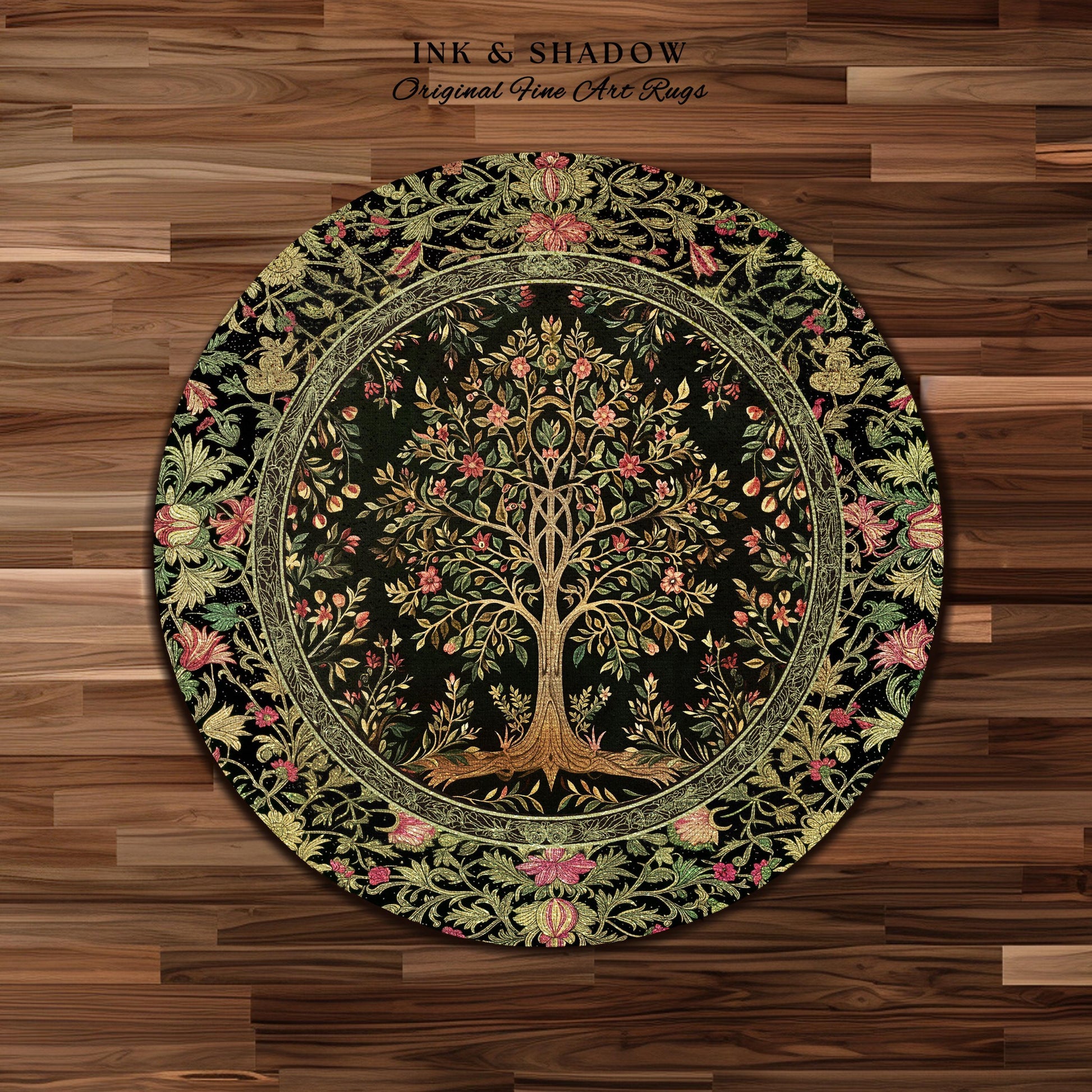 Art Nouveau Maximalist Tree Rug | Ornate Botanical Accent Rug Tree of Life Motif Medieval Floral Pattern Romantic Style Morris Inspired |