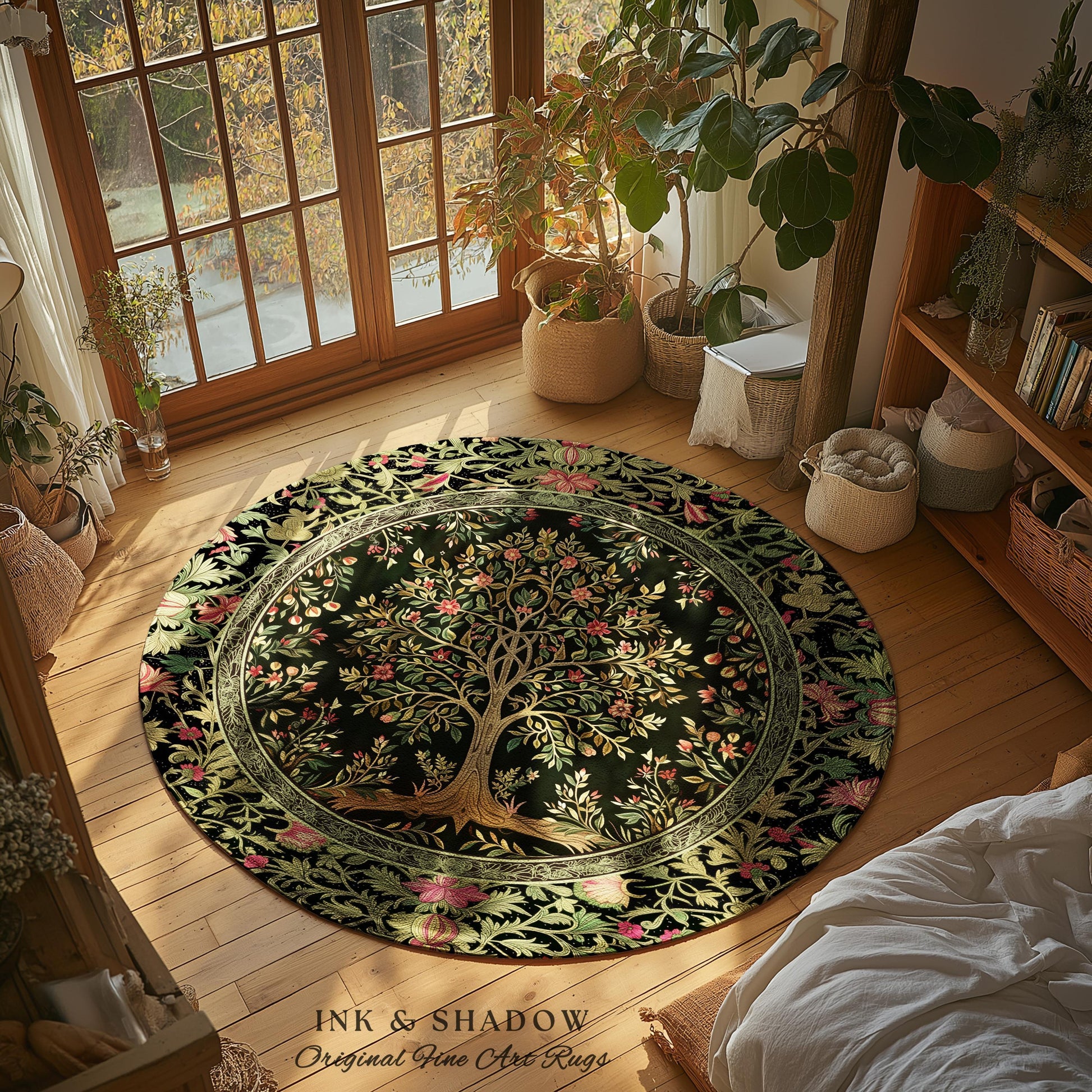 Art Nouveau Maximalist Tree Rug | Ornate Botanical Accent Rug Tree of Life Motif Medieval Floral Pattern Romantic Style Morris Inspired |