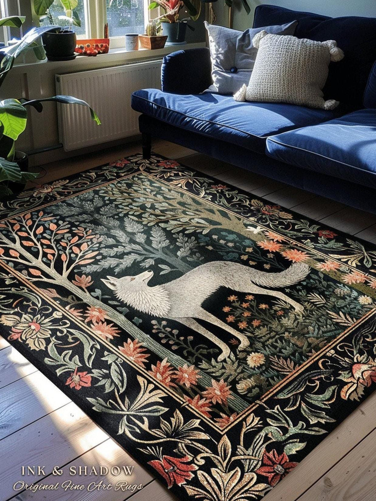 Woodland Floral Scandi Round Wolf Rug Morris Inspired Forest Cottagecore | Fairycore Bedroom Magical Nature Whimsical Scandinavian Wolf Rug