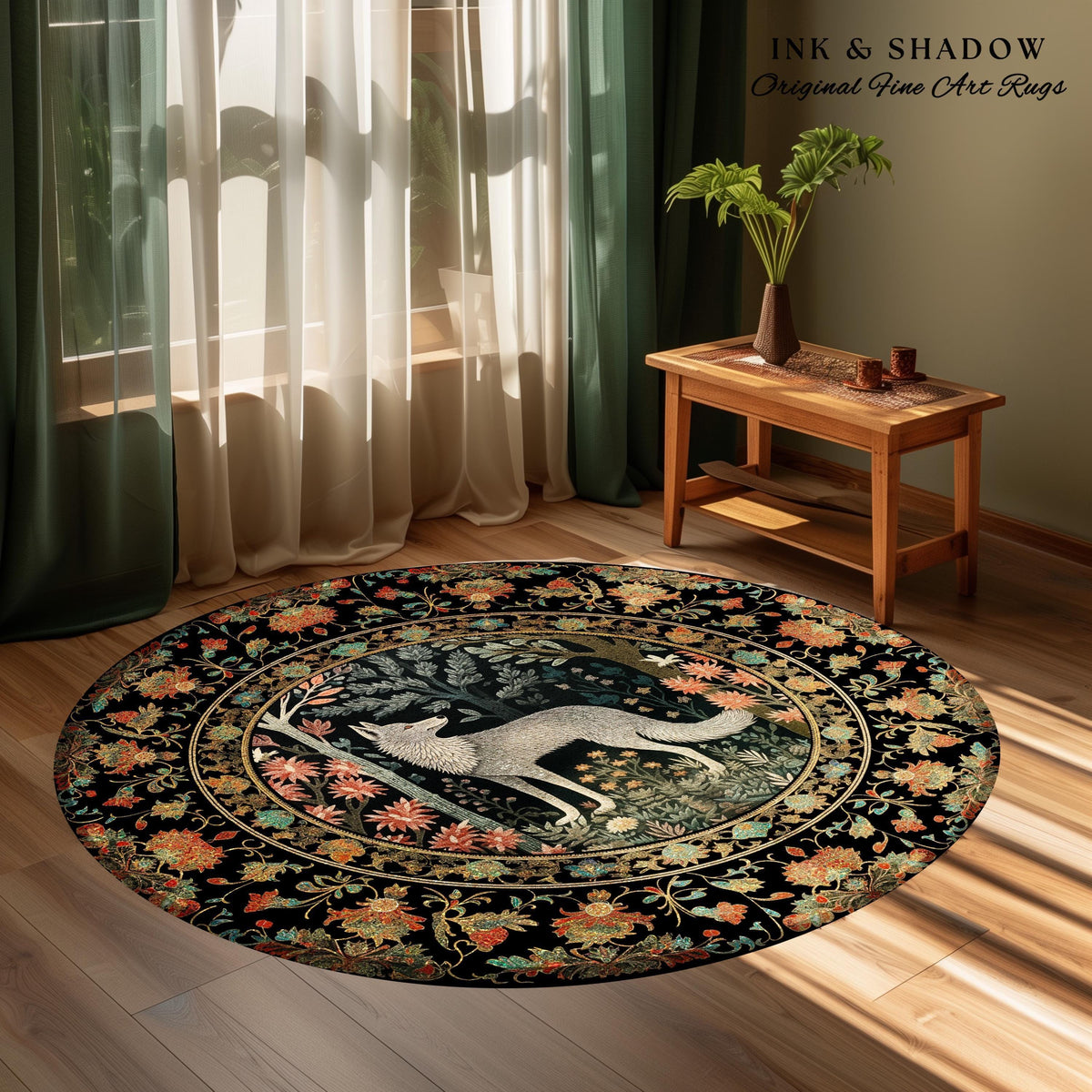 Woodland Floral Scandi Round Wolf Rug Morris Inspired Forest Cottagecore | Fairycore Bedroom Magical Nature Whimsical Scandinavian Wolf Rug