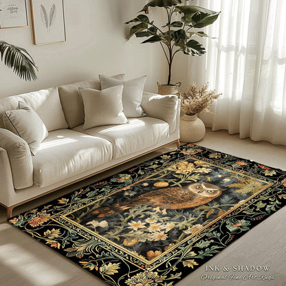 Eclectic Owl Area Rug | Whimsical Room Decor William Morris Inspired Forest Aesthetic Fairycore Boheme Bedroom Rug Floral Owl Decoration