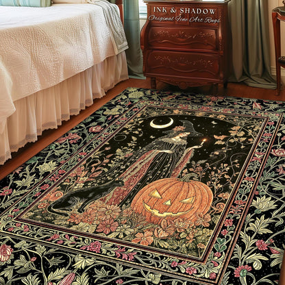 Halloween Gothic Witchcraft Area Rug | Ornate Gothic Black Cat Folklore Spooky Bedroom Jack-o-Lantern Fairytale Aesthetic Medieval Boho Moon
