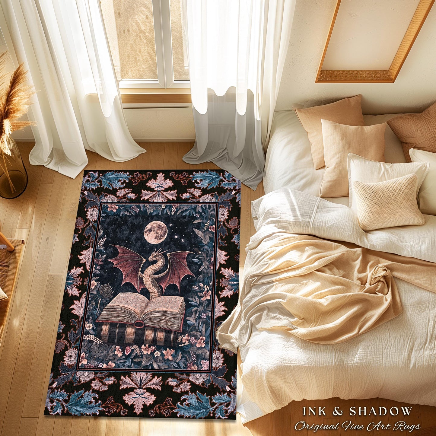 Dark Magic Dragon Theme Rug | Mystic Academia Medieval Fantasy Area Rug Moonlit Romantic Baroque Tree Ethereal Fantasy Reading Room Decor