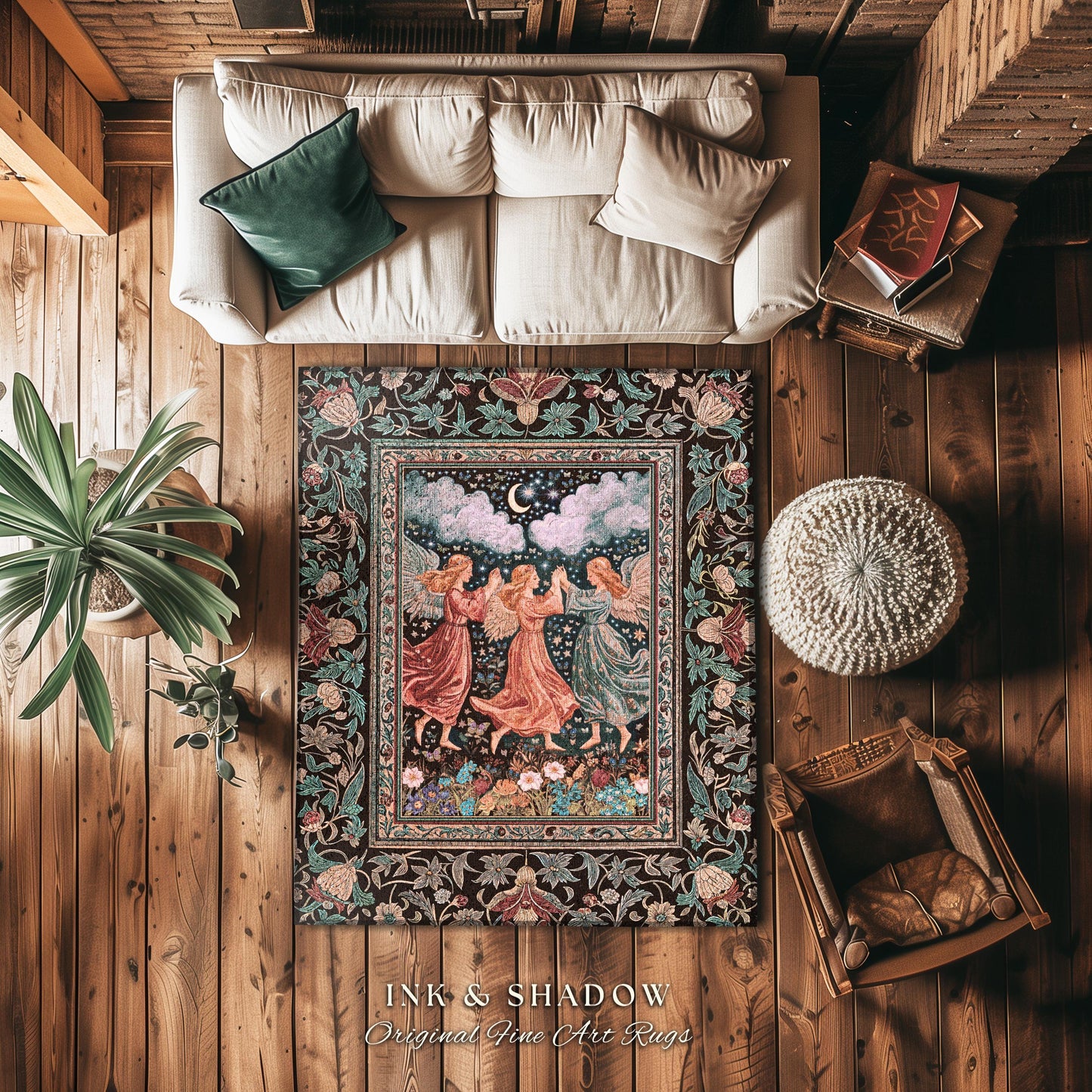 Medieval Pastel Angels Area Rug | Whimsical Fairytale Folklore Bedroom Accent Dark Academia Aesthetic Enchanted Cottagecore Ethereal Style