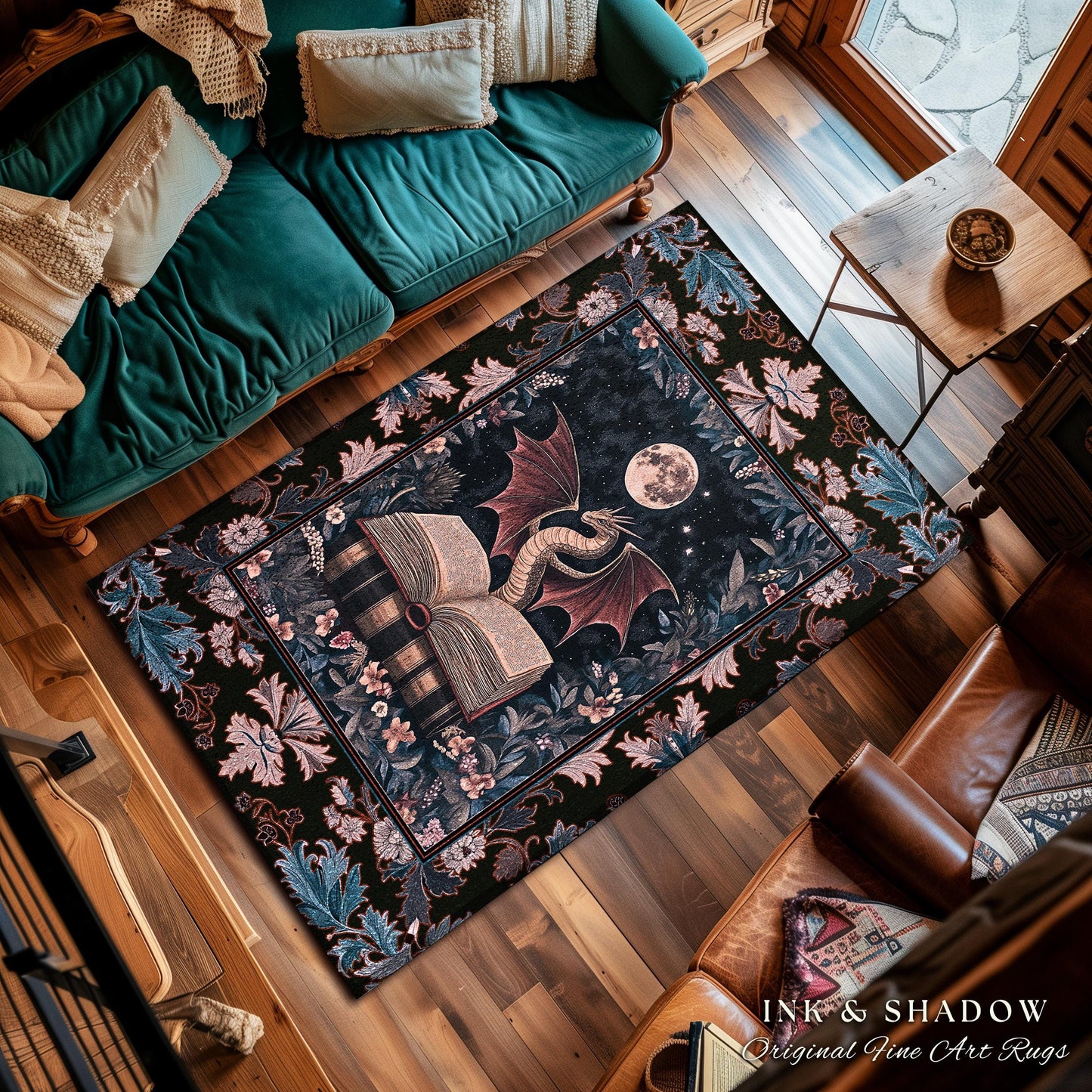 Dark Magic Dragon Theme Rug | Mystic Academia Medieval Fantasy Area Rug Moonlit Romantic Baroque Tree Ethereal Fantasy Reading Room Decor