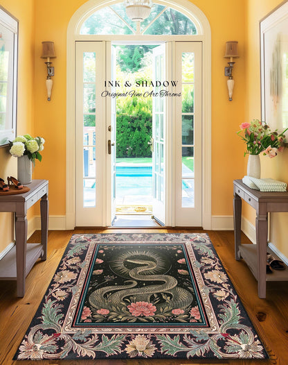 Victorian Rose Serpent Rug Romantic Cottagecore Floral Decor | Enchanted Baroque Snake Art Dark Academia Gothic Pink Fairycore Goblincore