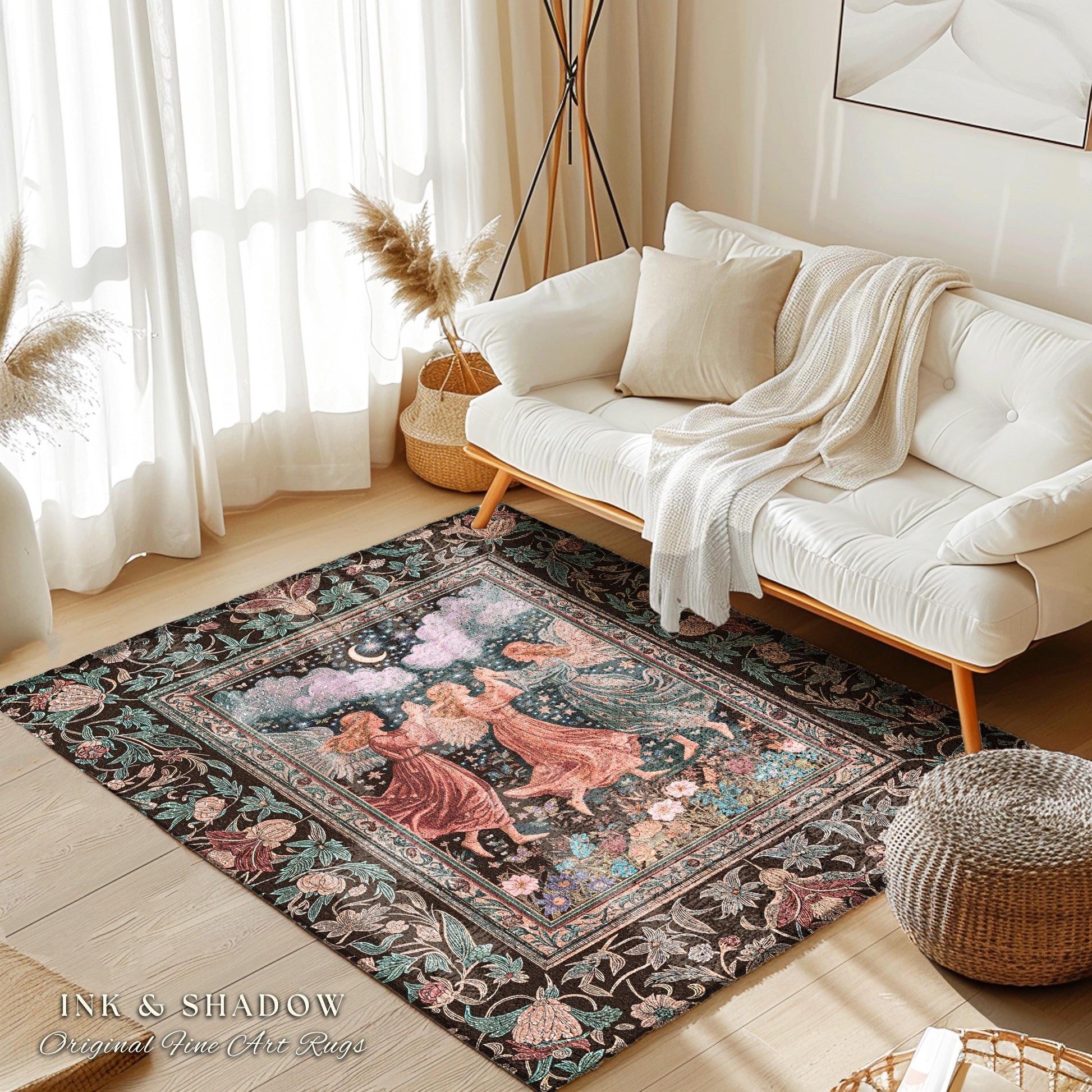 Medieval Pastel Angels Area Rug | Whimsical Fairytale Folklore Bedroom Accent Dark Academia Aesthetic Enchanted Cottagecore Ethereal Style