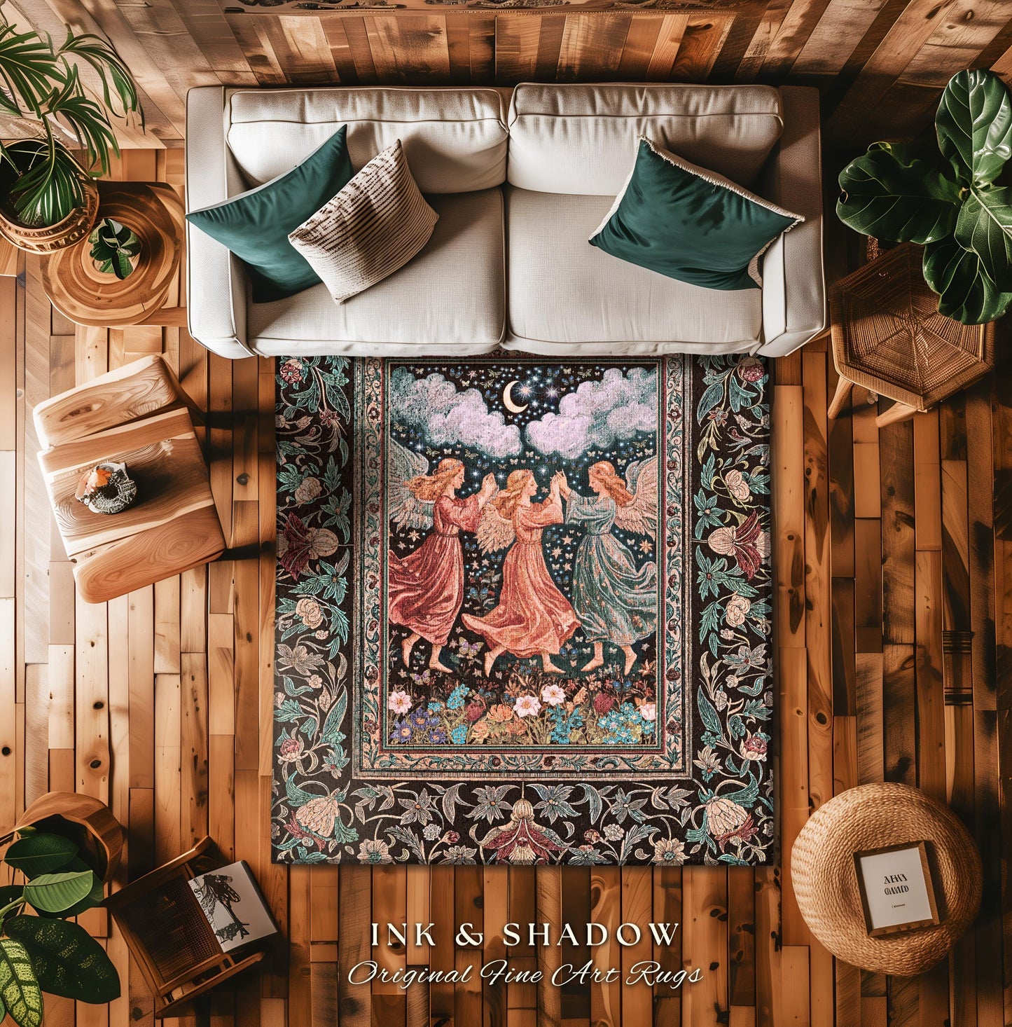 Medieval Pastel Angels Area Rug | Whimsical Fairytale Folklore Bedroom Accent Dark Academia Aesthetic Enchanted Cottagecore Ethereal Style