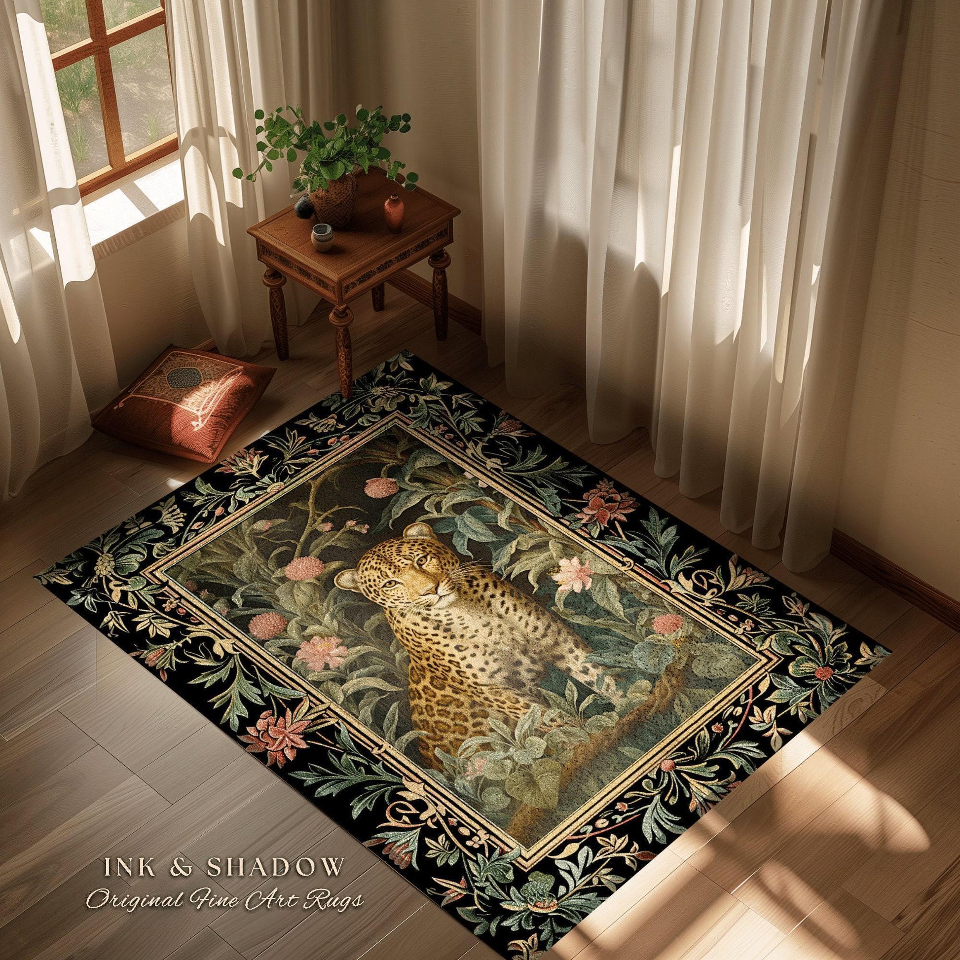 Floral Forest Dark Cottagecore Round Leopard Rug | Nature Inspired Morris Style Fairycore Boho Jungle Wildlife Whimsical Botanical Art Decor