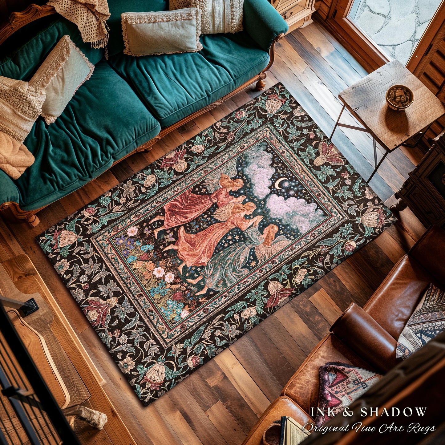 Medieval Pastel Angels Area Rug | Whimsical Fairytale Folklore Bedroom Accent Dark Academia Aesthetic Enchanted Cottagecore Ethereal Style