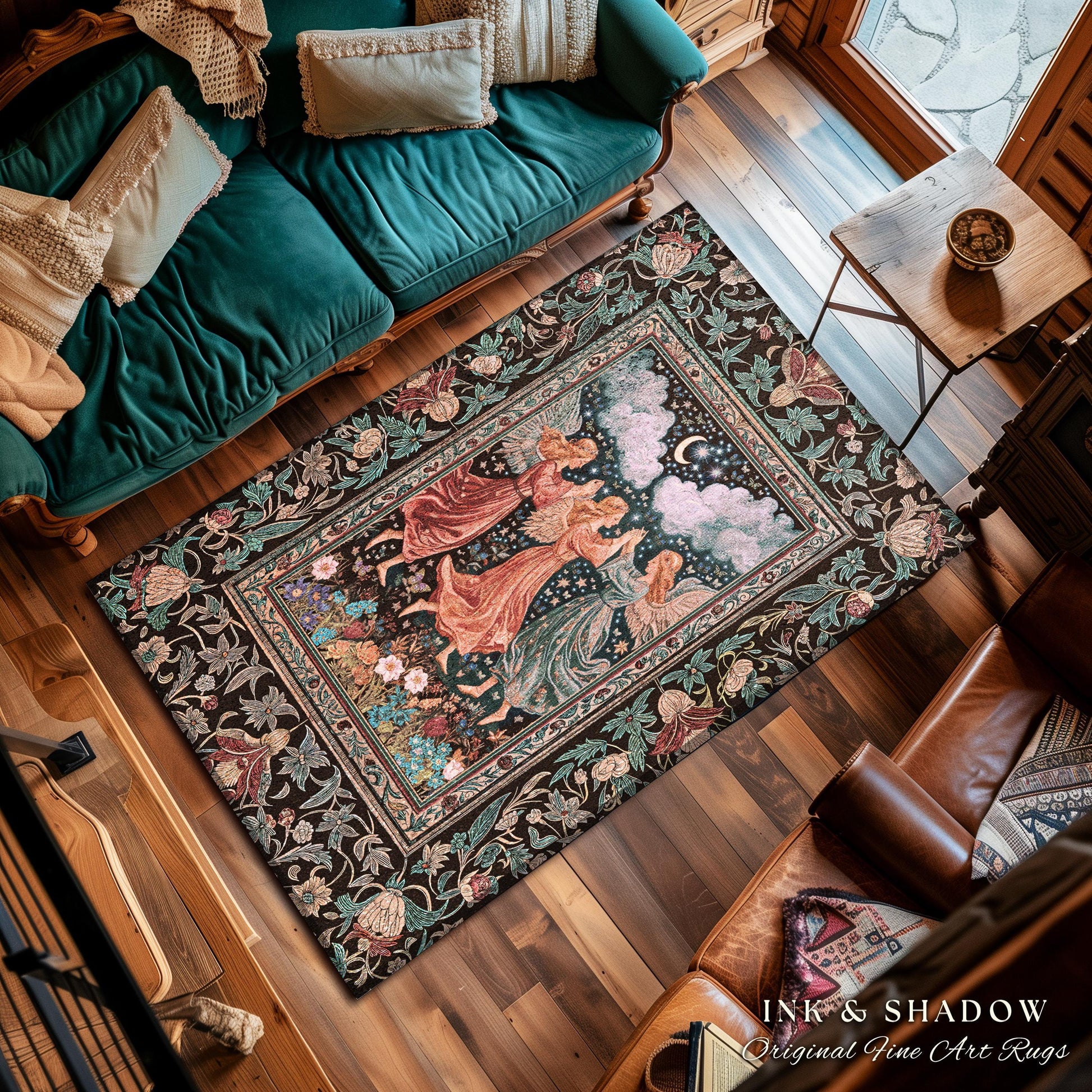 Medieval Pastel Angels Area Rug | Whimsical Fairytale Folklore Bedroom Accent Dark Academia Aesthetic Enchanted Cottagecore Ethereal Style