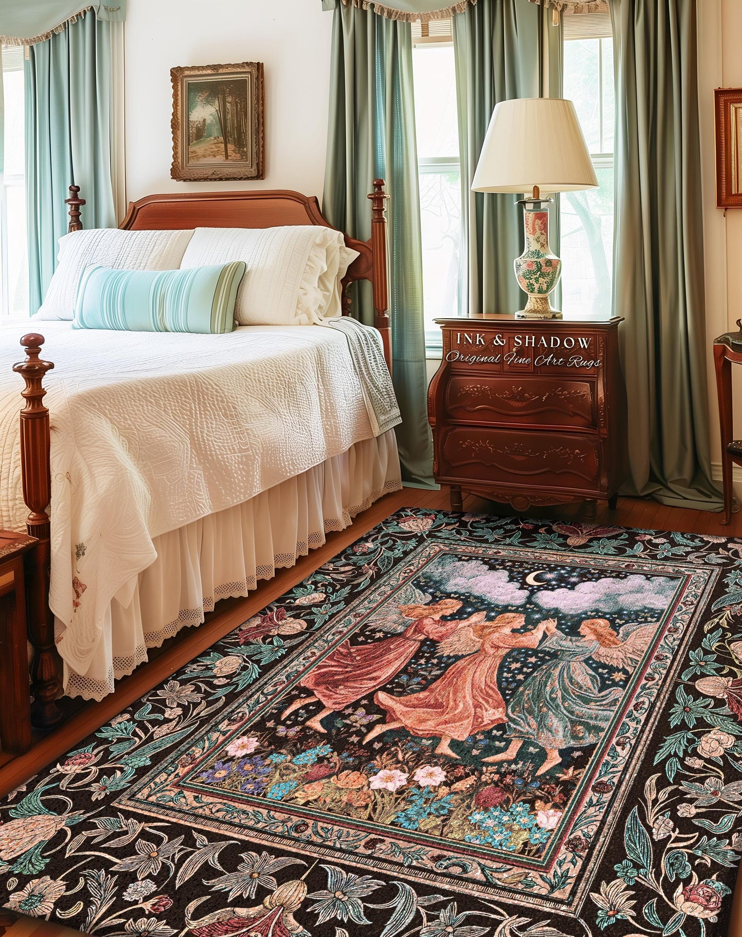 Medieval Pastel Angels Area Rug | Whimsical Fairytale Folklore Bedroom Accent Dark Academia Aesthetic Enchanted Cottagecore Ethereal Style