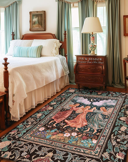Medieval Pastel Angels Area Rug | Whimsical Fairytale Folklore Bedroom Accent Dark Academia Aesthetic Enchanted Cottagecore Ethereal Style