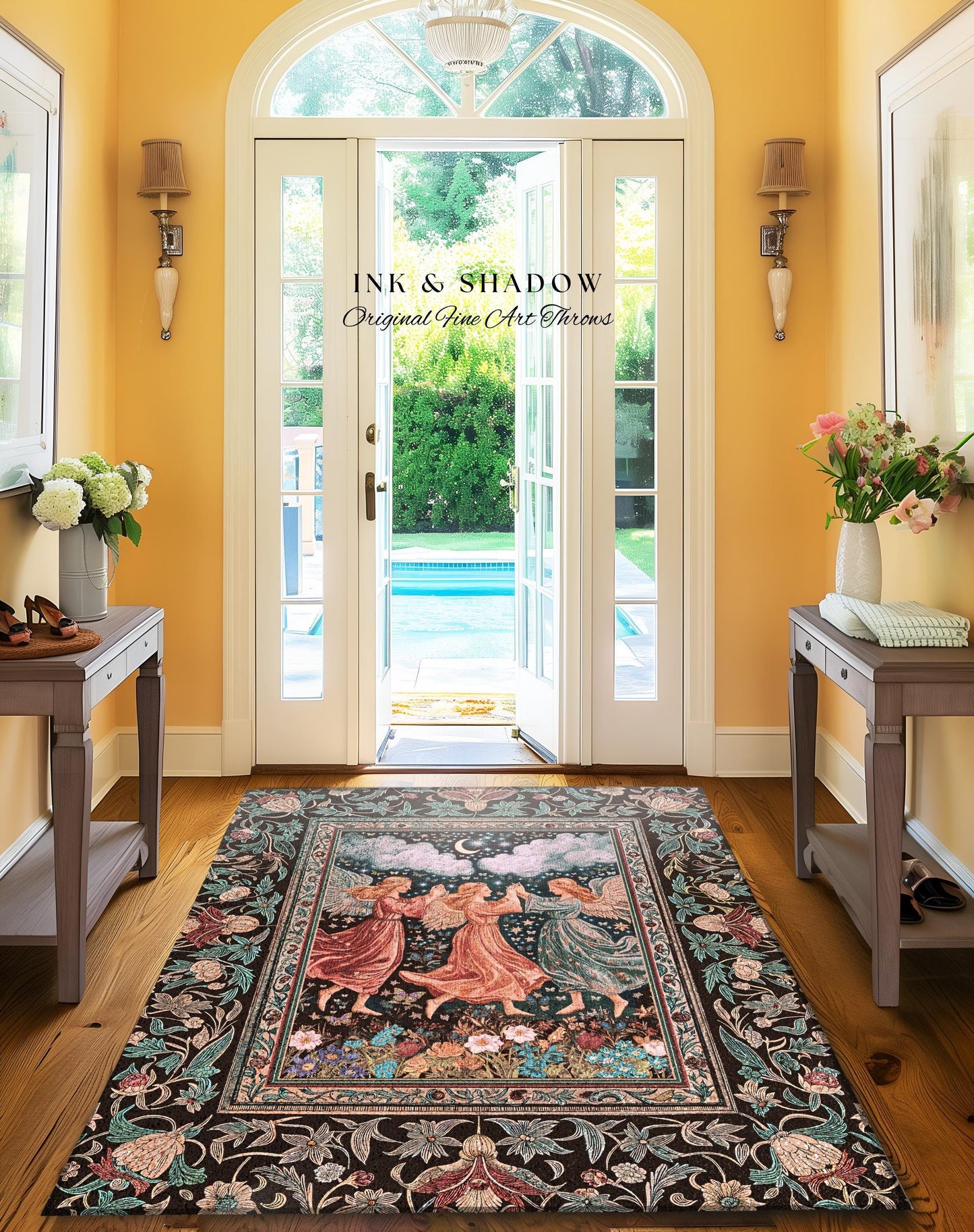 Medieval Pastel Angels Area Rug | Whimsical Fairytale Folklore Bedroom Accent Dark Academia Aesthetic Enchanted Cottagecore Ethereal Style