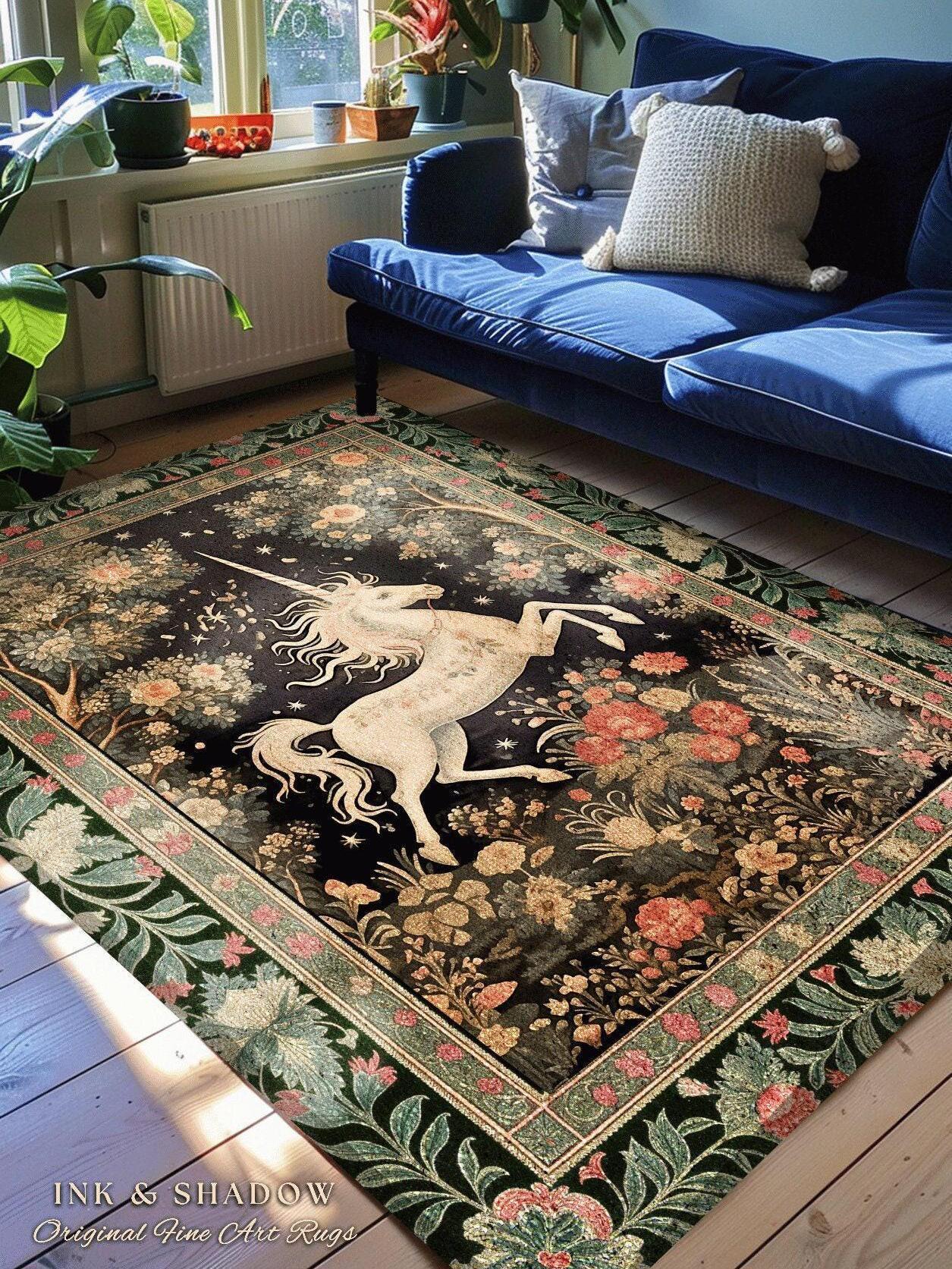 Mystical Folklore Unicorn Round Rug | Whimsical Decor Morris Inspired Cottagecore Aesthetic Pastel Floral Woodland Fairycore Large Area Rug